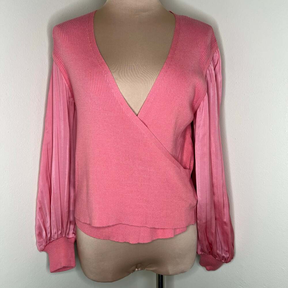 Ryegrass Top Medium Womens Pink Pleated Balloon Sleeve Rib Knit Faux Wrap V-Neck